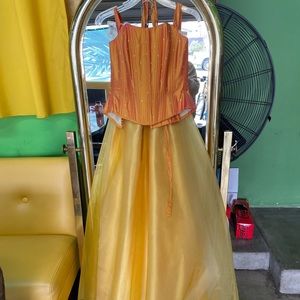 Two piece orange dress.